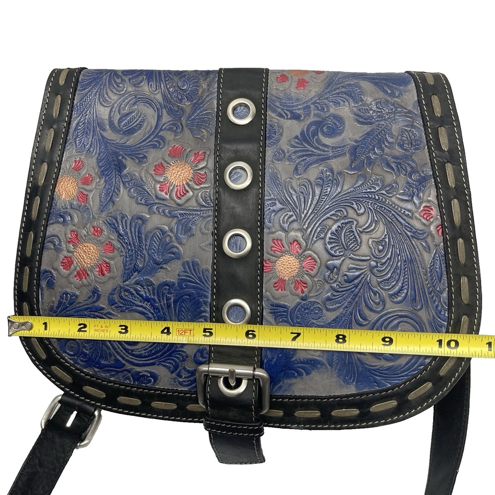 Firenze Bella Tooled Leather Hand Painted Buckle Studded Crossbody Purse Bag - Picture 12 of 14